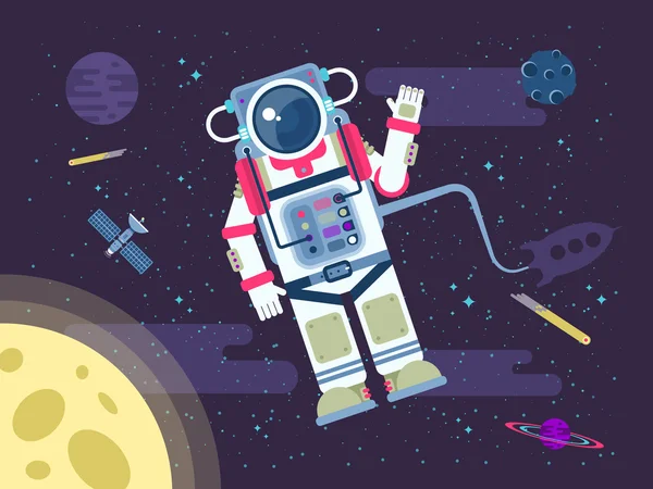 A világűrben repülő űrhajós vagy űrhajós, a Hold közelében sík stílusban. — Stock Vector
