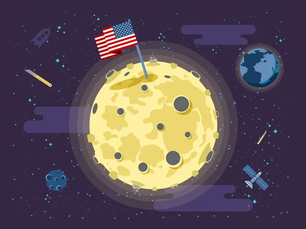 Ilustración de la bandera de EE.UU. pegada en la superficie de la luna en un estilo plano — Vector de stock