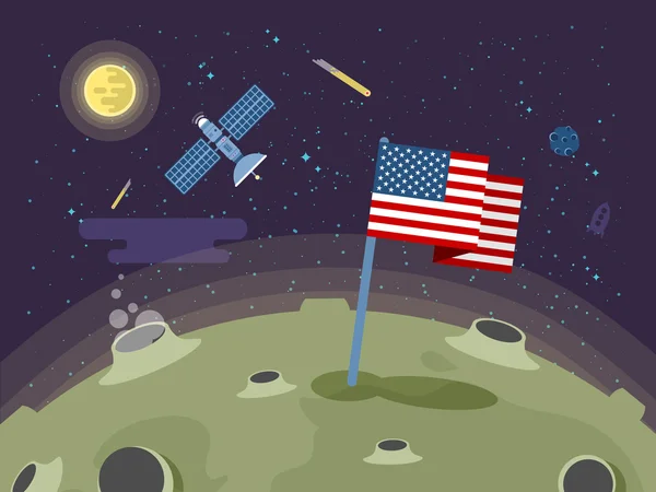 Ilustración de la bandera de Estados Unidos pegada en la superficie lunar en un estilo plano — Vector de stock