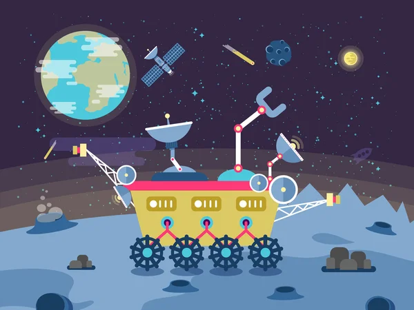 Εικονογράφηση ενός σεληνιακού rover στην επιφάνεια του φεγγαριού σε επίπεδη στυλ — Διανυσματικό Αρχείο