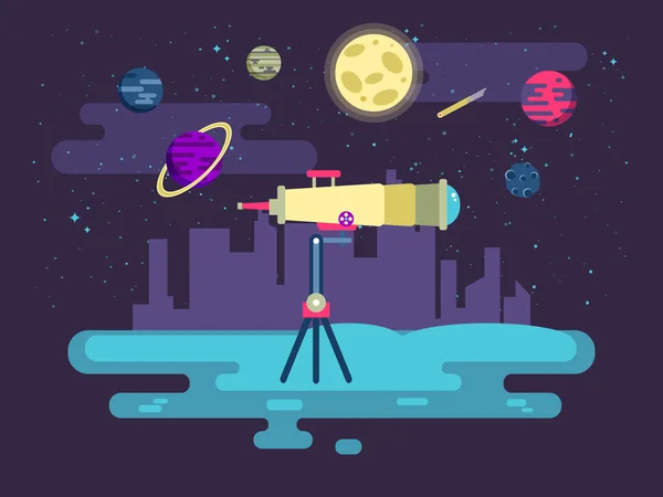 Illustration eines Teleskops auf dem Hintergrund des Weltraums im flachen Stil — Stockvektor