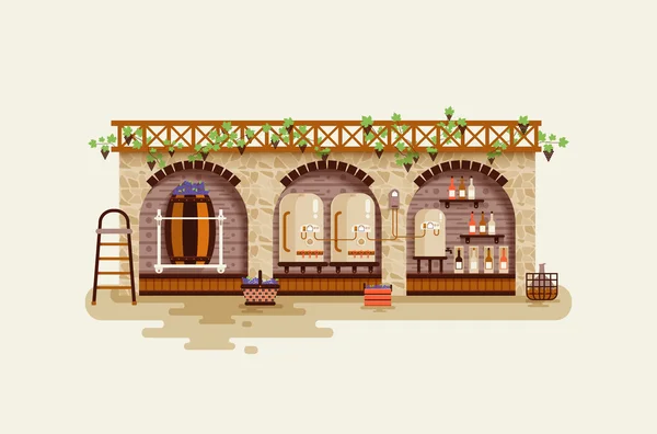 Illustration intérieur de l'usine de vin, transformation des raisins pour la fabrication de boissons alcoolisées dans un style plat — Image vectorielle