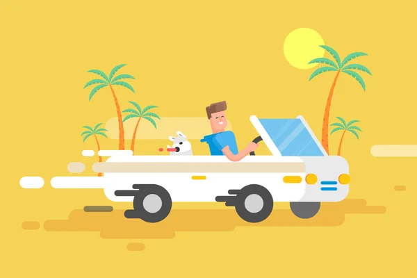 Illustration heureux gars conduit un blanc convertible — Image vectorielle