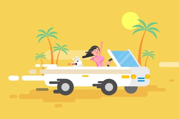 Ilustración chica morena feliz conduce un convertible blanco — Vector de stock