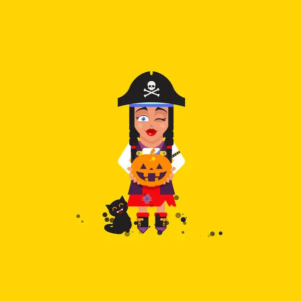 フラットなスタイルでハロウィーンのための海賊の女の子のキャラクターをイラスト — ストックベクタ