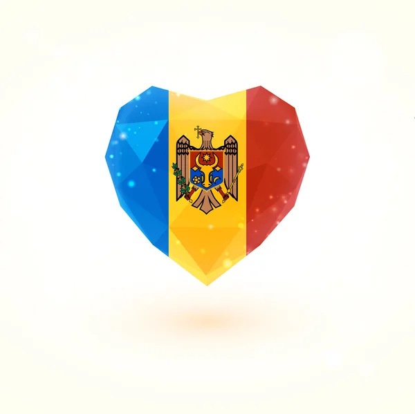 La bandera de Moldavia en forma de corazón de cristal de diamante. Estilo de triangulación — Vector de stock