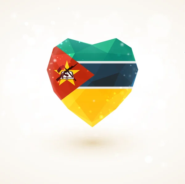 Drapeau de Mozambique en forme de coeur en verre diamant. Style de triangulation — Image vectorielle
