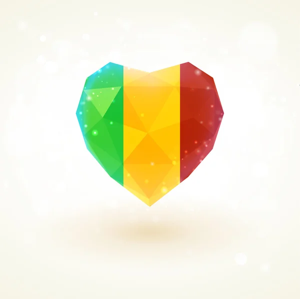 Drapeau du Mali en forme de coeur en verre diamant. Style de triangulation — Image vectorielle