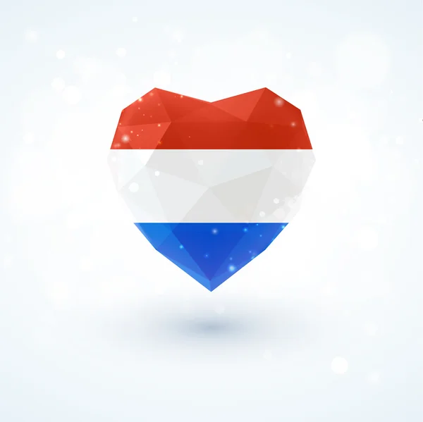 Flagge der Niederlande in Form eines Diamantglasherzens. Triangulationsstil — Stockvektor