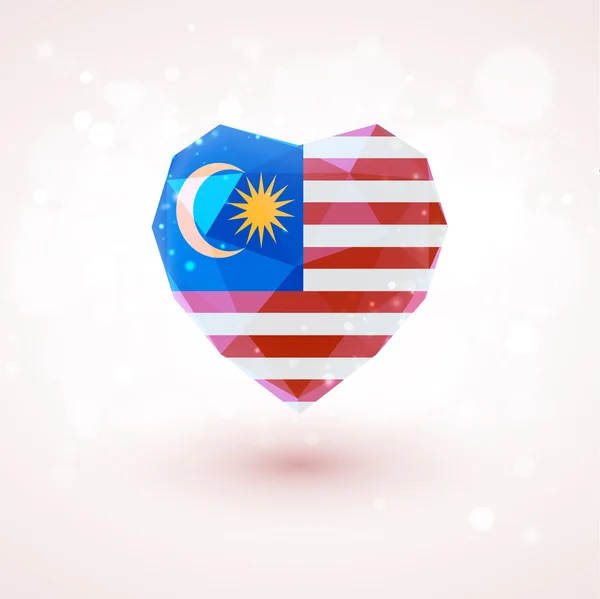 Drapeau de Malaisie en forme de coeur en verre diamant. Style de triangulation — Image vectorielle