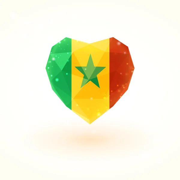 Bandera de Senegal en forma de corazón de cristal de diamante. Estilo de triangulación — Vector de stock