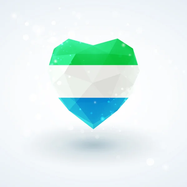 Drapeau de Sierra Leone en forme de coeur en verre diamant. Style de triangulation — Image vectorielle