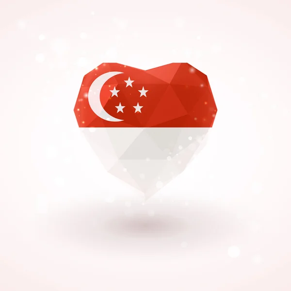 Drapeau de Singapour en forme de coeur en verre diamant. Style de triangulation — Image vectorielle