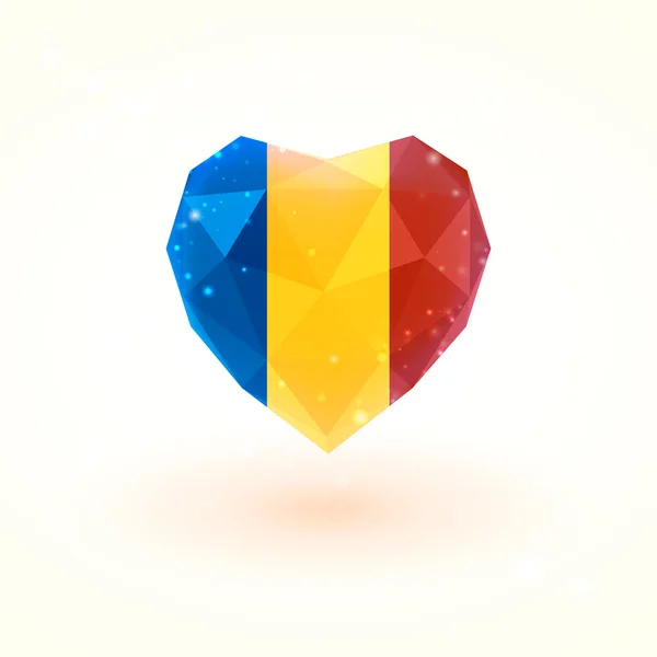 Drapeau du Tchad en forme de coeur en verre diamant. Style de triangulation — Image vectorielle