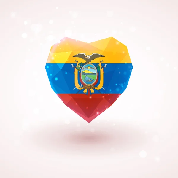 Bandera de Ecuador en forma de corazón de cristal de diamante. Estilo de triangulación — Archivo Imágenes Vectoriales