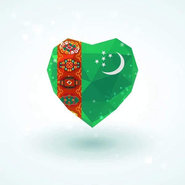 Flag of Turkmenistan in shape diamond glass heart. Triangulation style — Stock Vector
