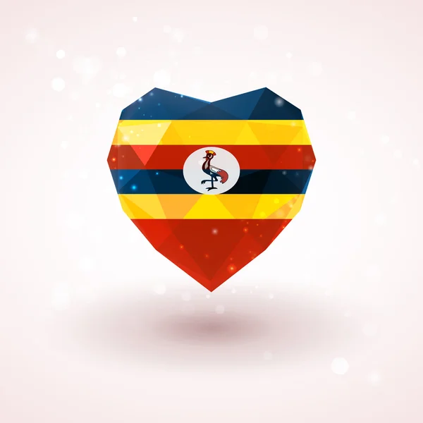 Bandera de Uganda en forma de corazón de cristal de diamante. Estilo de triangulación — Vector de stock