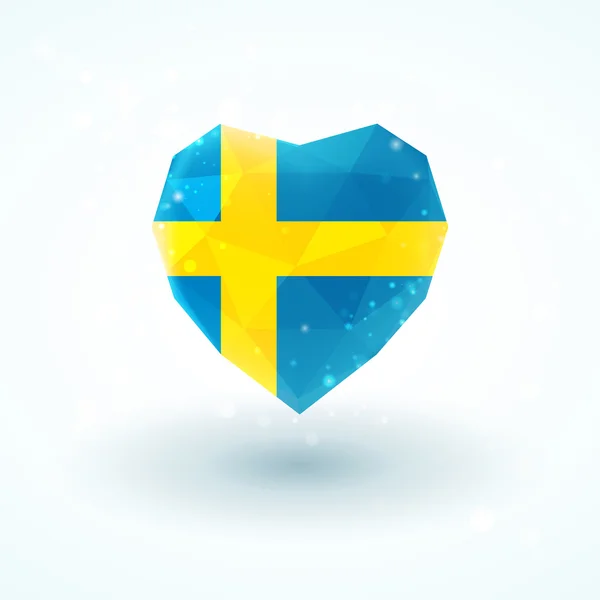 Bandera de Suecia en forma de corazón de cristal de diamante. Estilo de triangulación — Vector de stock