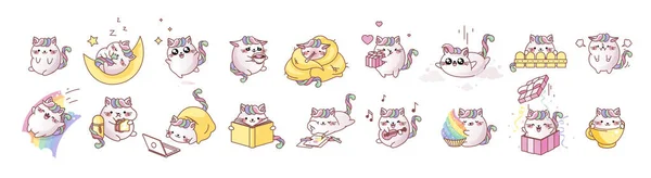 Set kit gatto gattino kawaii chibi Emoji personaggio adesivo emoticon sorriso emozione mascotte — Vettoriale Stock