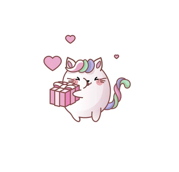 Gato gatito gatito abrazo paquete regalo alegría kawaii chibi japonés estilo emoji carácter etiqueta emoticono sonrisa emoción mascota Ilustración De Stock