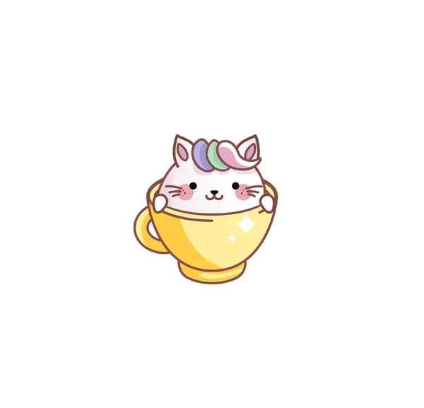 Cat Kitty koťátko sedí vykoukne šálek kawaii chibi japonský styl Emoji znak nálepka emoticon úsměv emotion maskot Stock Vektory