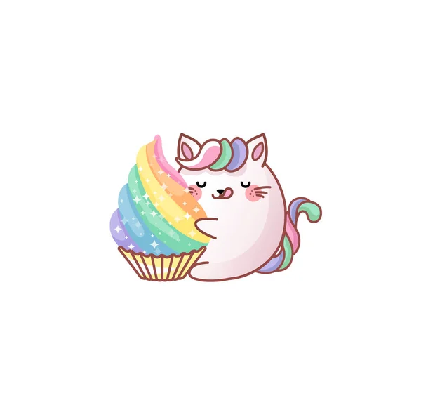 Gattino gattino abbraccio cupcake dessert delizioso kawaii chibi stile giapponese Emoji personaggio adesivo emoticon sorriso mascotte Grafiche Vettoriali