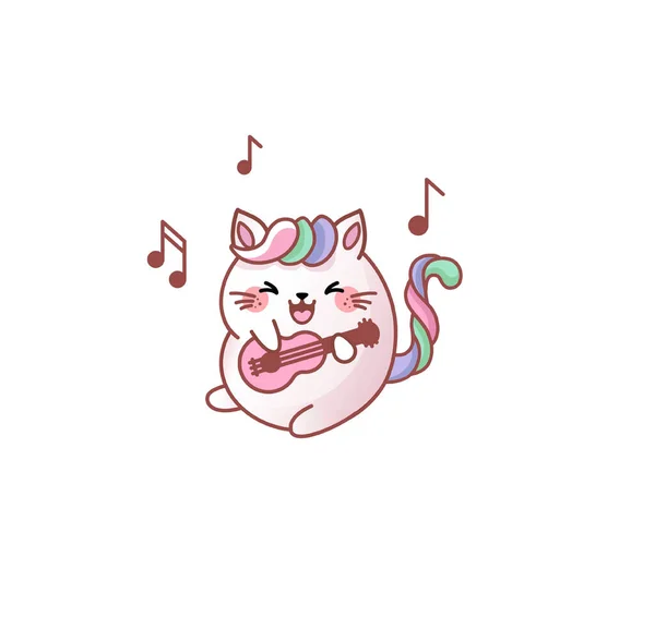 Gato gatito gatito cantar canción jugar guitarra música nota kawaii chibi japonés estilo emoji carácter pegatina emoticono mascota Vectores De Stock Sin Royalties Gratis