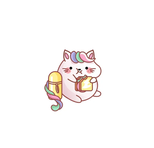 Gato gatito gatito coffeebreak sandwich termo picnic kawaii chibi japonés estilo emoji carácter etiqueta emoticon mascota Ilustración De Stock