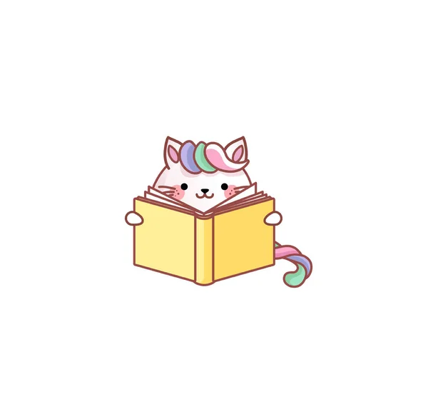 Gato gatito lee libro aprendizaje educación kawaii chibi japonés estilo emoji carácter etiqueta emoticono sonrisa mascota Ilustraciones De Stock Sin Royalties Gratis