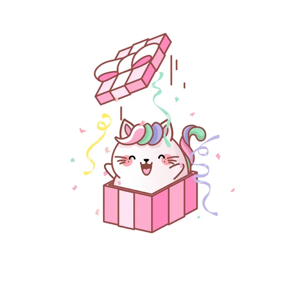 Gattino gattino salto fuori dalla scatola regalo saluto kawaii chibi stile giapponese Emoji personaggio adesivo emoticon sorriso mascotte Illustrazioni Stock Royalty Free