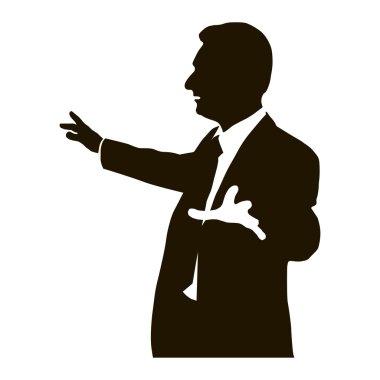 Geniş güzel el hareketleri ile hoparlör çıkıntılı siluet. Bolsun. Söylemler. Hitabet, öğretim üyesi, iş Semineri. Vektör. Simge.