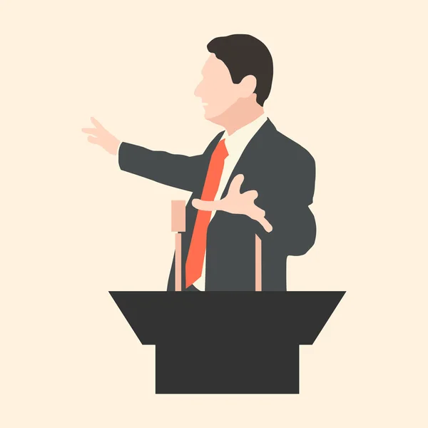 Orator speaks with broad gestures behind a podium — Stock Vector