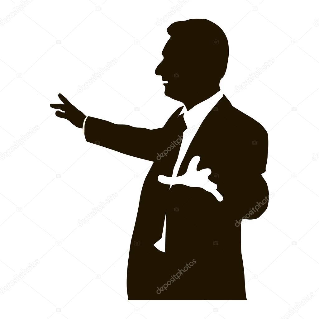 Silhouette protruding speaker with wide beautiful hand gestures. Bolsun. Rhetoric. Oratory, lecturer, business seminar. Vector. Icon.