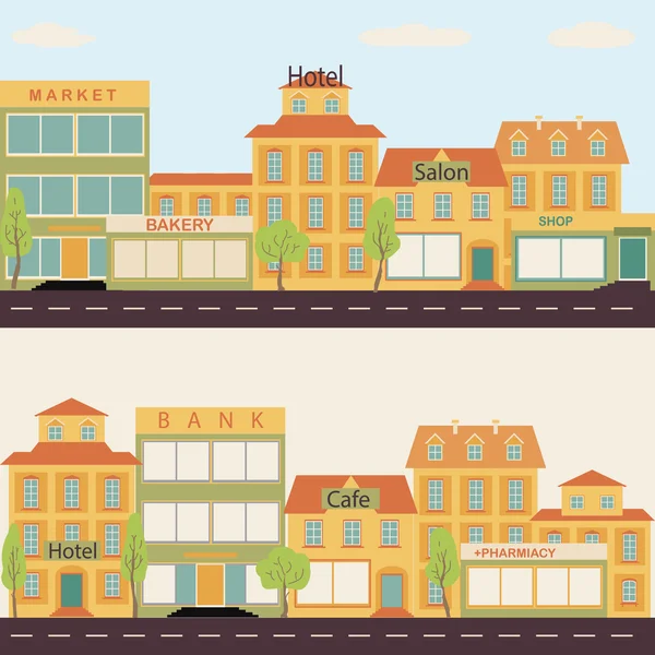 Conjunto de edificios en el estilo de diseño plano de pequeñas empresas — Vector de stock