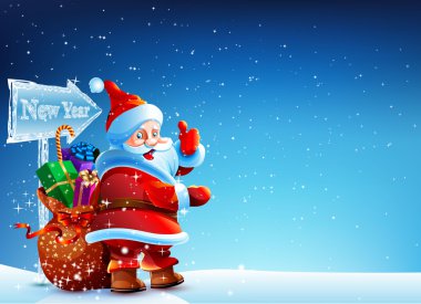 Noel Baba hediye bir torba ile karda duran