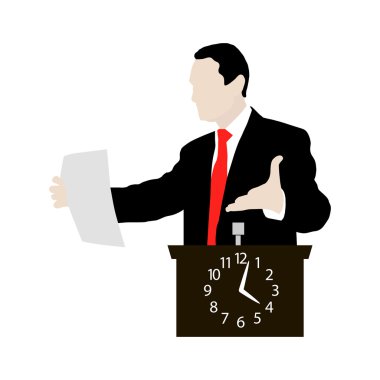 Speaker stands behind a podium with clock clipart