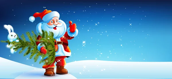Santa Claus stående i snön med en påse med presenter — Stock vektor