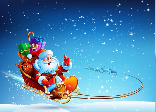 Papai Noel em um trenó puxado por renas voando — Vetor de Stock