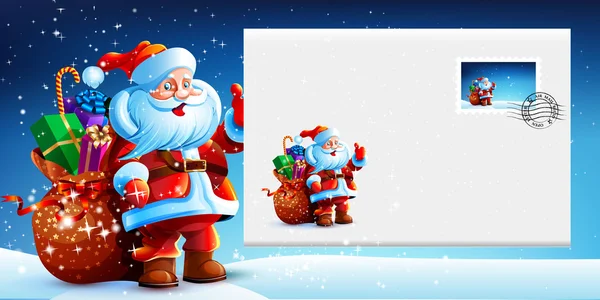 Père Noël avec un sac de cadeaux tenant une enveloppe — Image vectorielle