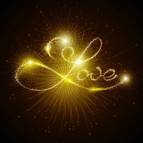 Inscription vectorielle amour avec des lumières et des feux d'artifice — Image vectorielle