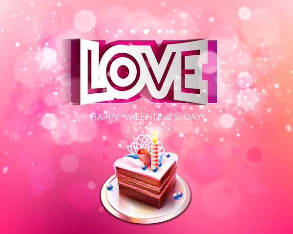 Papel vetorial inscrição curvada amor cortado em um fundo rosa com bolo — Vetor de Stock