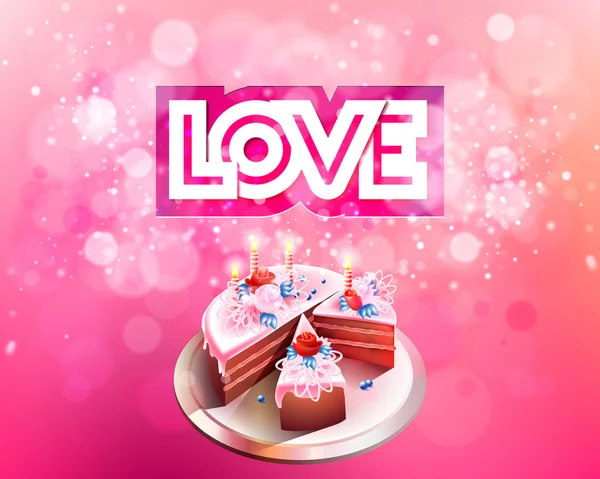 Vektor felirat szerelem vágott egy rózsaszín háttér, a nagy torta — Stock Vector