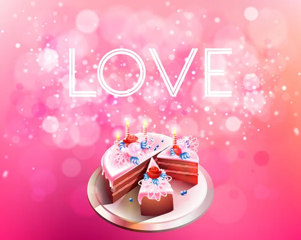 Vetor amor inscrição em um fundo rosa com bolo grande — Vetor de Stock