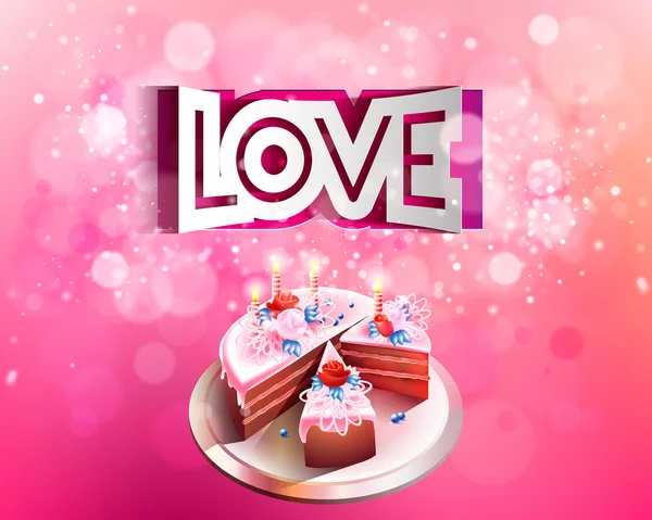 Vector papier gebogen inscriptie liefde op een roze achtergrond met cake snijden — Stockvector