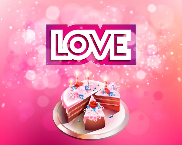 Inscripción vectorial de amor cortada sobre un fondo rosado con pastel grande — Vector de stock