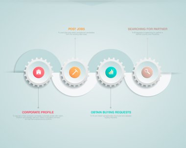  semicircles ve iş ikonları/simgeleri ile infographics öğesi. Vites birbirleriyle iletişim kurma. Temiz ve minimalist tasarımı. Bilgilendirici grafikler, raporlar, kayıt verilerini, Web siteleri için