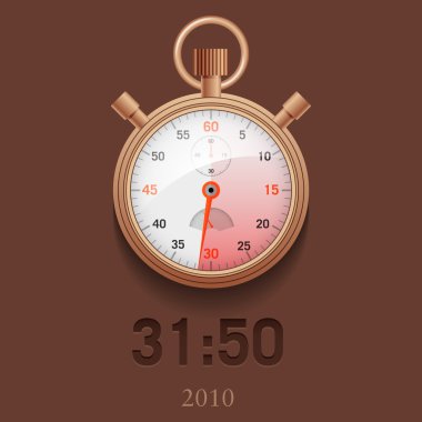  illustration of realistic golden stopwatch on a brown background with a countdown in the form of a red mark with red and black arrows.