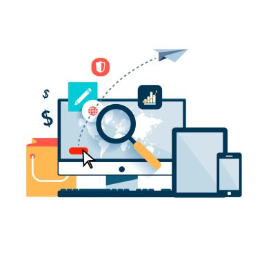 İnfographics için set öğe. Bilgisayar dünya harita Büyüteç Camı, hangi Internet hakkında bilgi arıyorum. Ok düğmesini. sinek kağıt uçak. Sarı çanta alışveriş, tablet, smartphone için