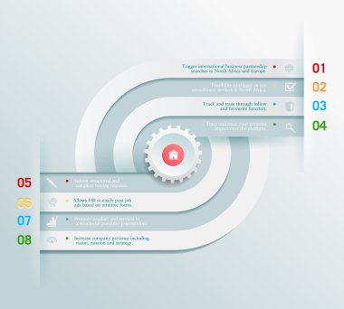  infographics abstract element with gear and business icons. Elements communicate with one another. Clean, minimalist design. For informational graphs, reports, registration data, websites