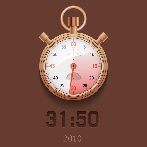 Illustration of realistic golden stopwatch on a brown background with a countdown in the form of a red mark with red and black arrows. — Stockfoto